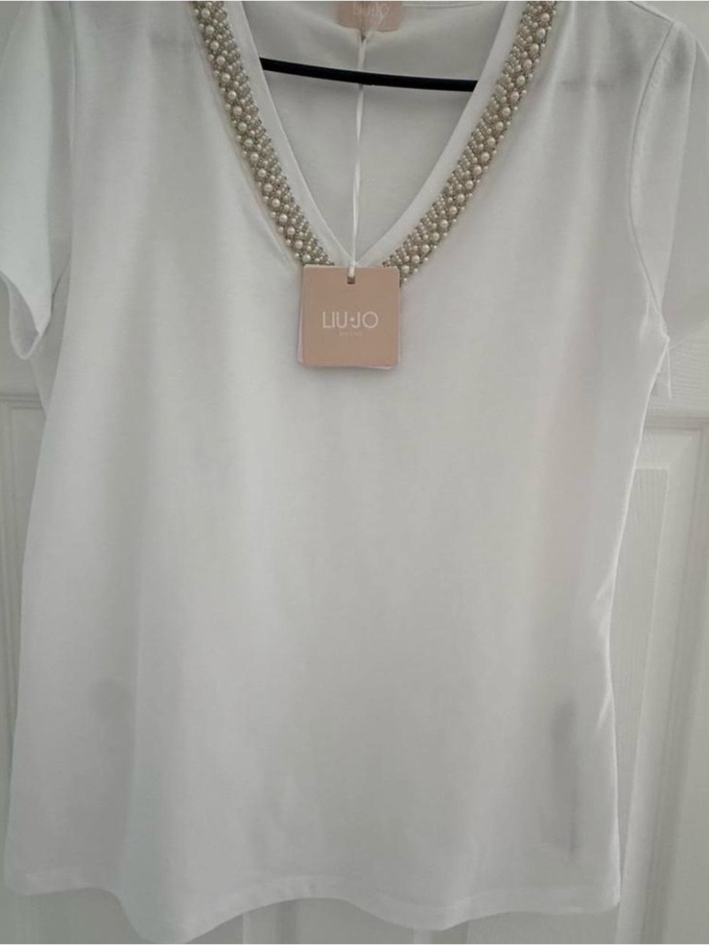 Liu Jo White Short-Sleeve V-Neck Top with Pearl-Trim